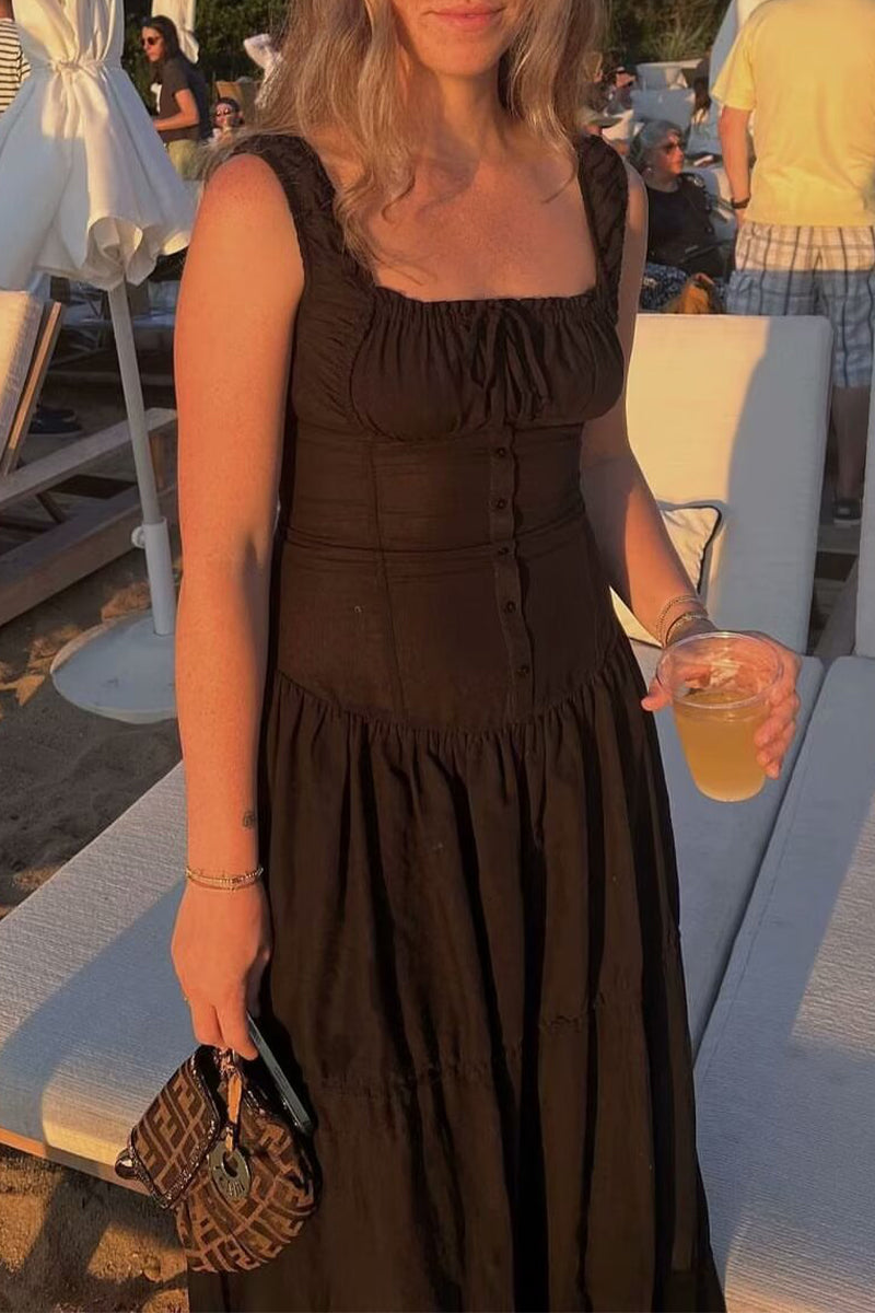 Vacation Solid Buckle Fold Square Collar Waist Skirt Dresses