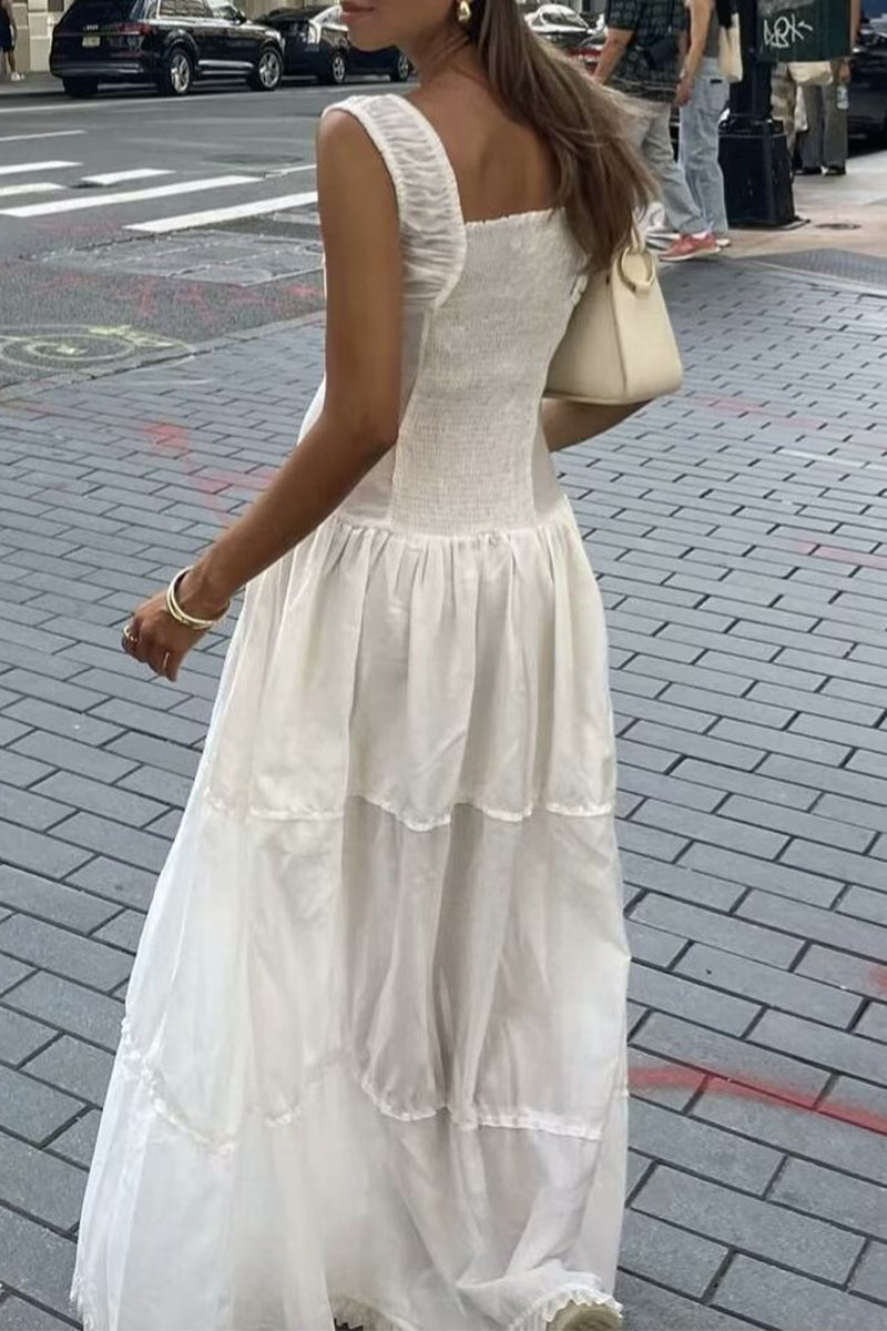 Vacation Solid Buckle Fold Square Collar Waist Skirt Dresses
