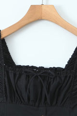 Vacation Solid Buckle Fold Square Collar Waist Skirt Dresses