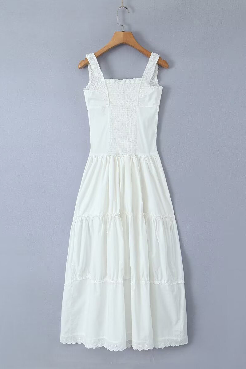 Vacation Solid Buckle Fold Square Collar Waist Skirt Dresses