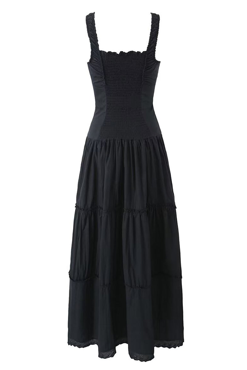 Vacation Solid Buckle Fold Square Collar Waist Skirt Dresses