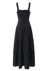 Vacation Solid Buckle Fold Square Collar Waist Skirt Dresses