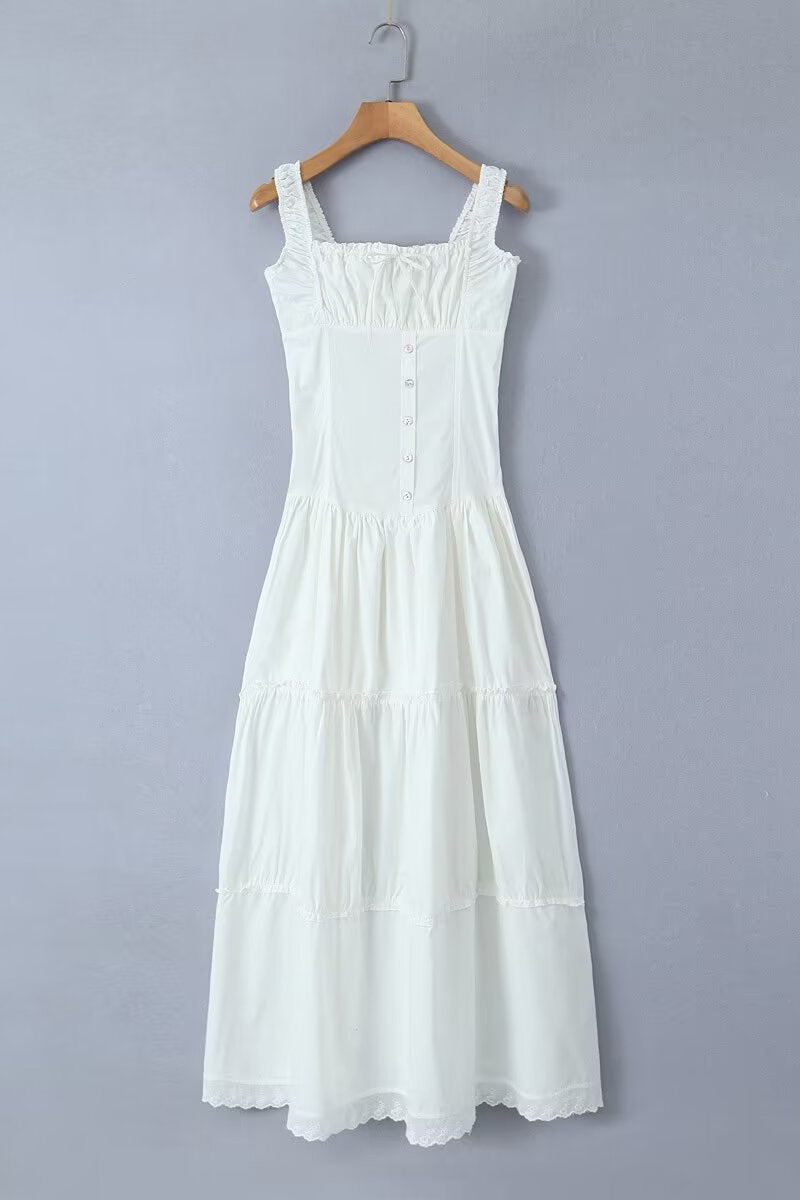 Vacation Solid Buckle Fold Square Collar Waist Skirt Dresses