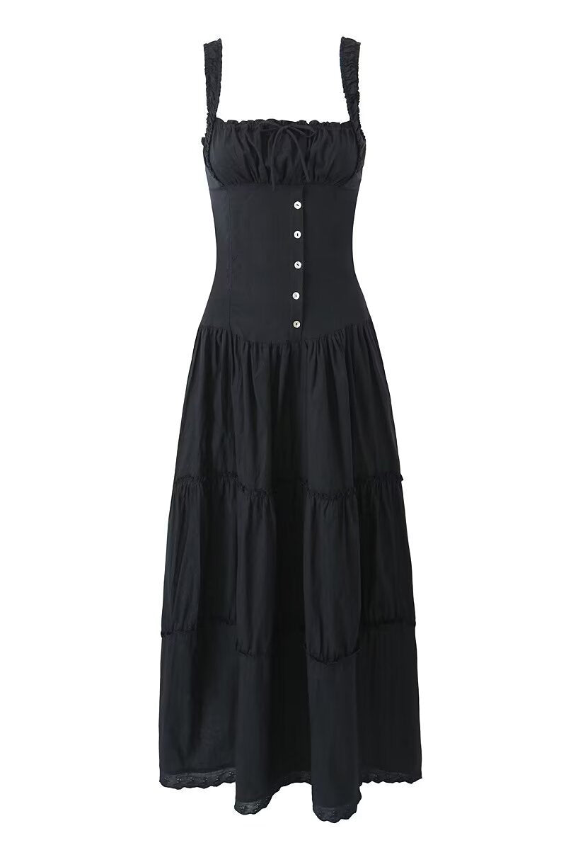 Vacation Solid Buckle Fold Square Collar Waist Skirt Dresses