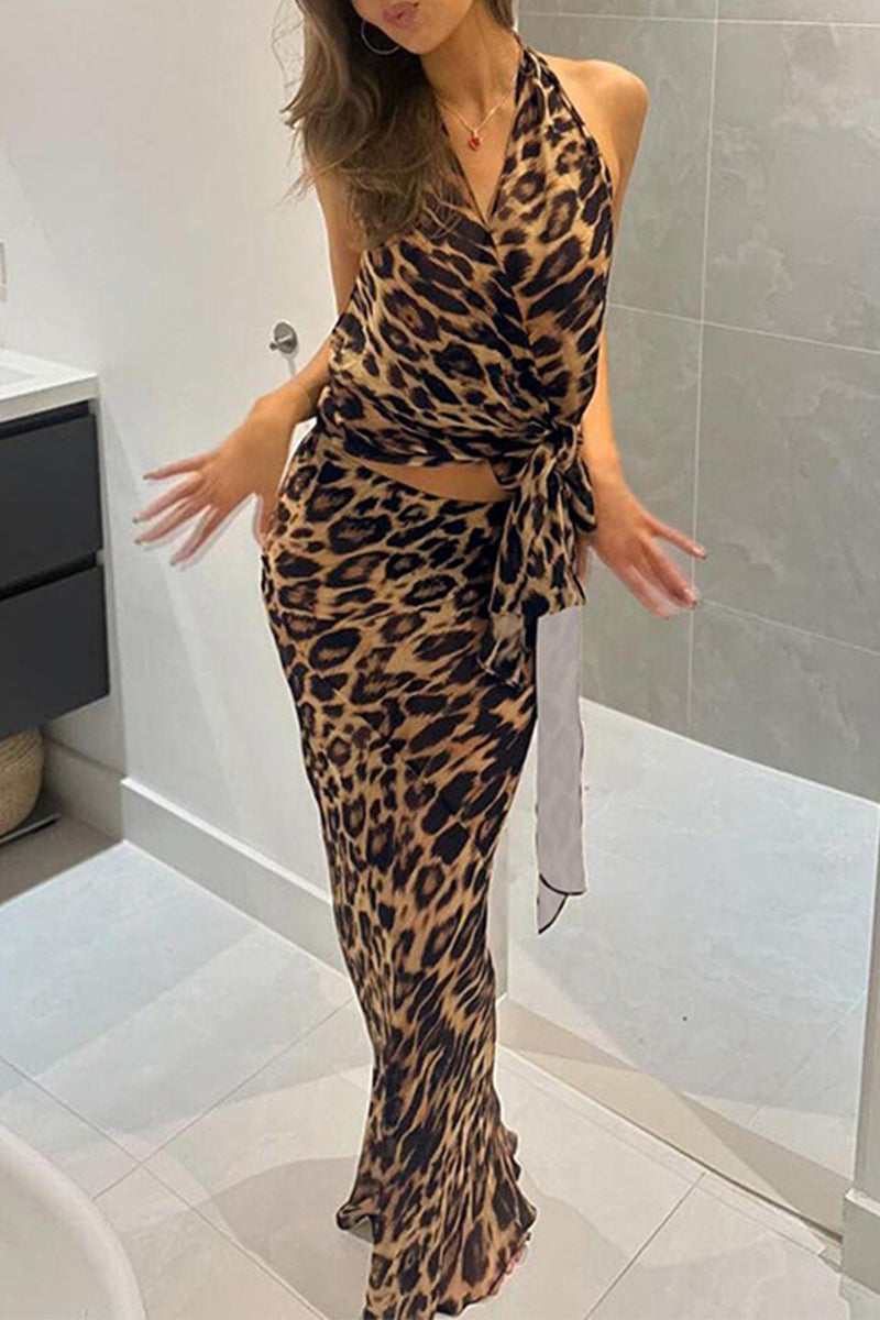 Vintage Print Leopard Bandage Backless Stringy Selvedge V Neck Sleeveless Two Pieces
