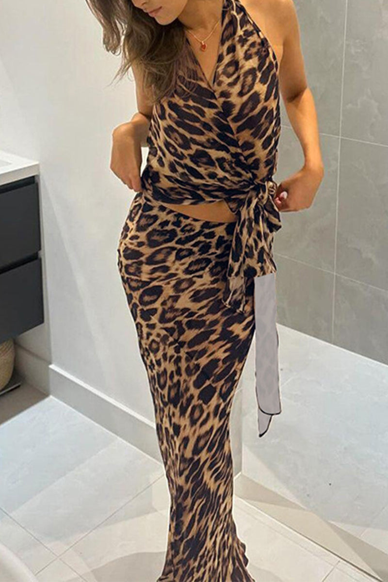 Vintage Print Leopard Bandage Backless Stringy Selvedge V Neck Sleeveless Two Pieces