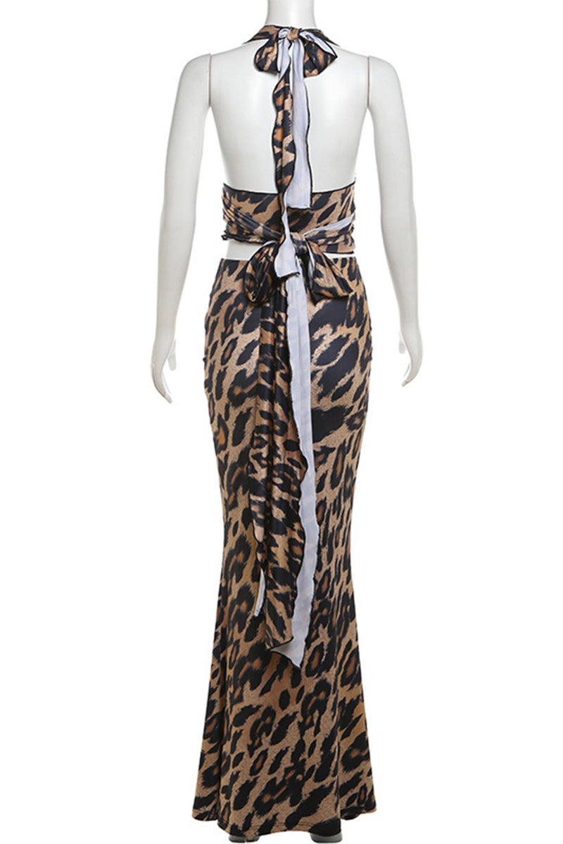 Vintage Print Leopard Bandage Backless Stringy Selvedge V Neck Sleeveless Two Pieces
