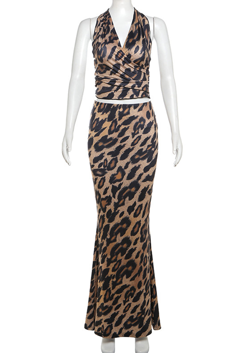 Vintage Print Leopard Bandage Backless Stringy Selvedge V Neck Sleeveless Two Pieces