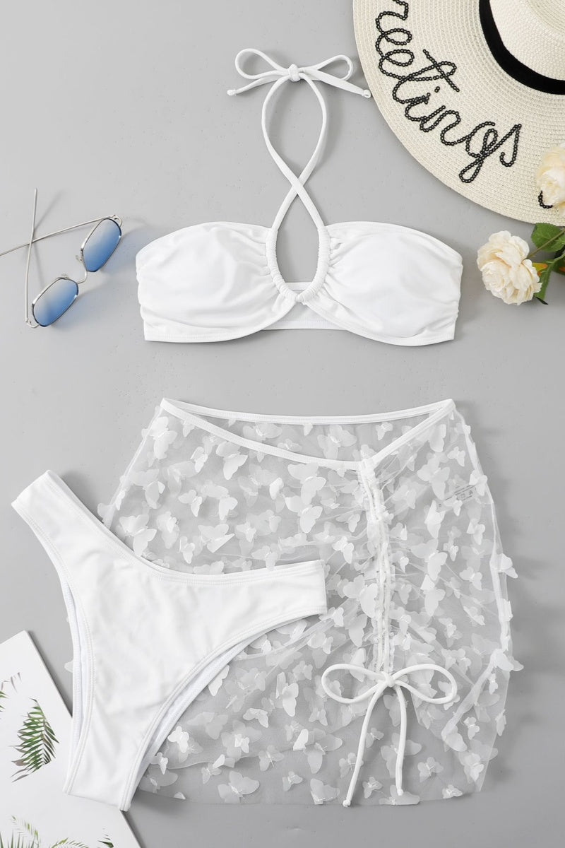 Solid Bandage See-through Backless Swimsuit Three Piece Set (With Paddings)