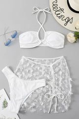 Solid Bandage See-through Backless Swimsuit Three Piece Set (With Paddings)