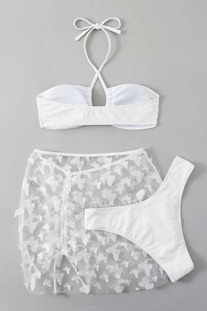 Solid Bandage See-through Backless Swimsuit Three Piece Set (With Paddings)