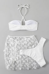 Solid Bandage See-through Backless Swimsuit Three Piece Set (With Paddings)