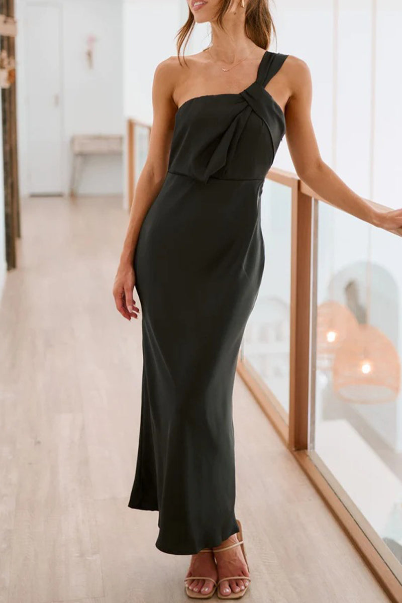 Solid Fold Oblique Collar One Step Skirt Dresses(5 Colors)