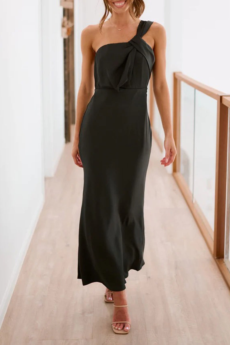 Solid Fold Oblique Collar One Step Skirt Dresses(5 Colors)