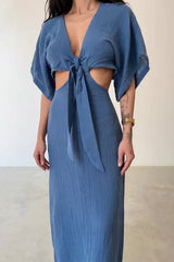 Solid Hollowed Out Frenulum V Neck One Step Skirt Dresses(3 Colors)