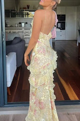Celebrities Gradual Change Print Flounce V Neck One Step Skirt Dresses