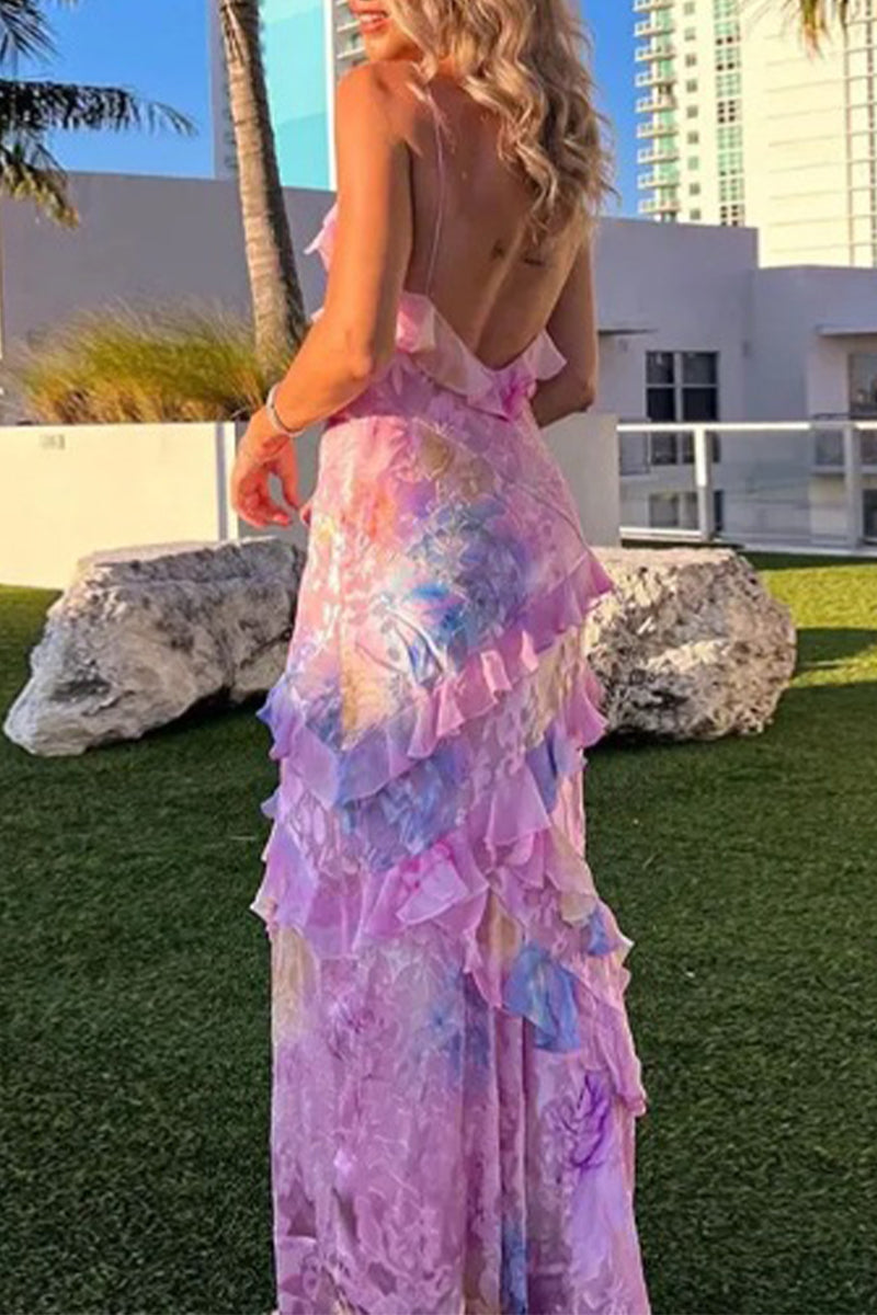 Celebrities Gradual Change Print Flounce V Neck One Step Skirt Dresses