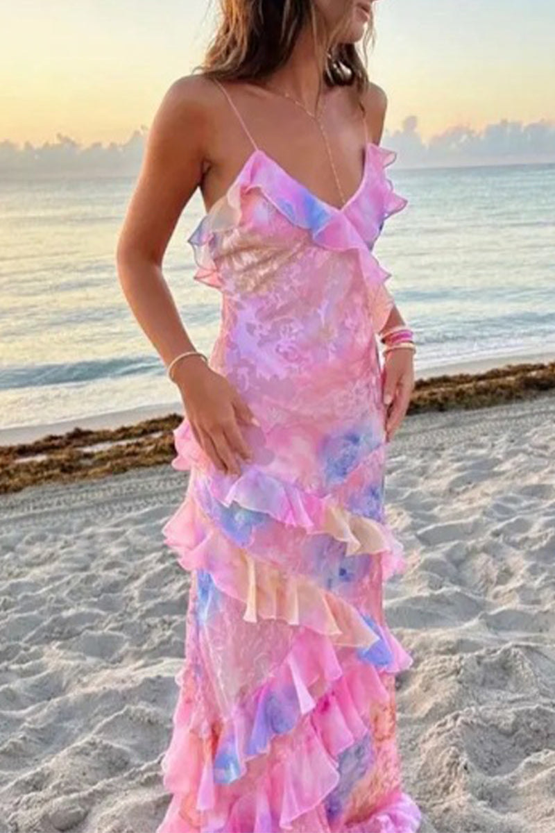 Celebrities Gradual Change Print Flounce V Neck One Step Skirt Dresses