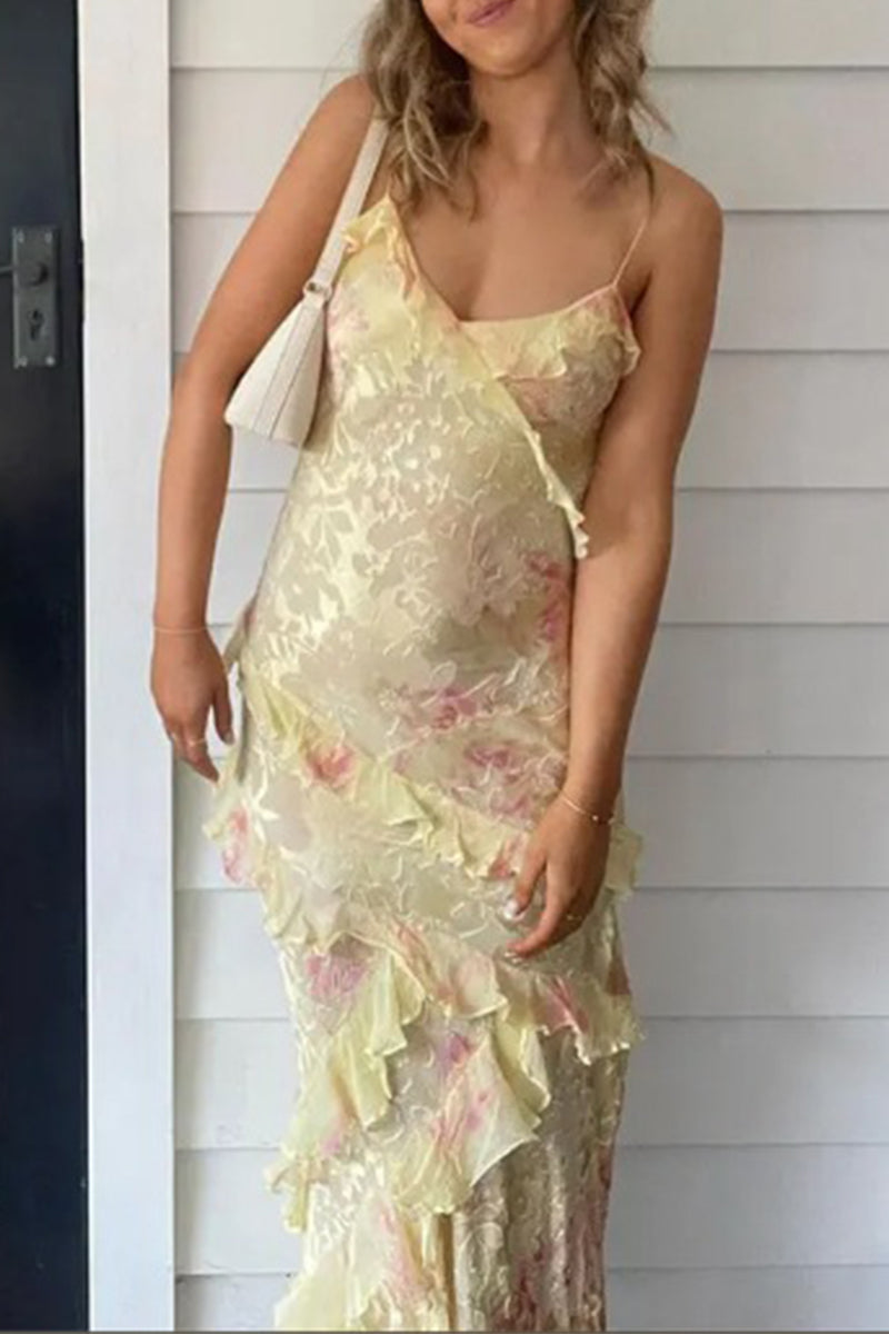Celebrities Gradual Change Print Flounce V Neck One Step Skirt Dresses