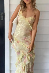 Celebrities Gradual Change Print Flounce V Neck One Step Skirt Dresses
