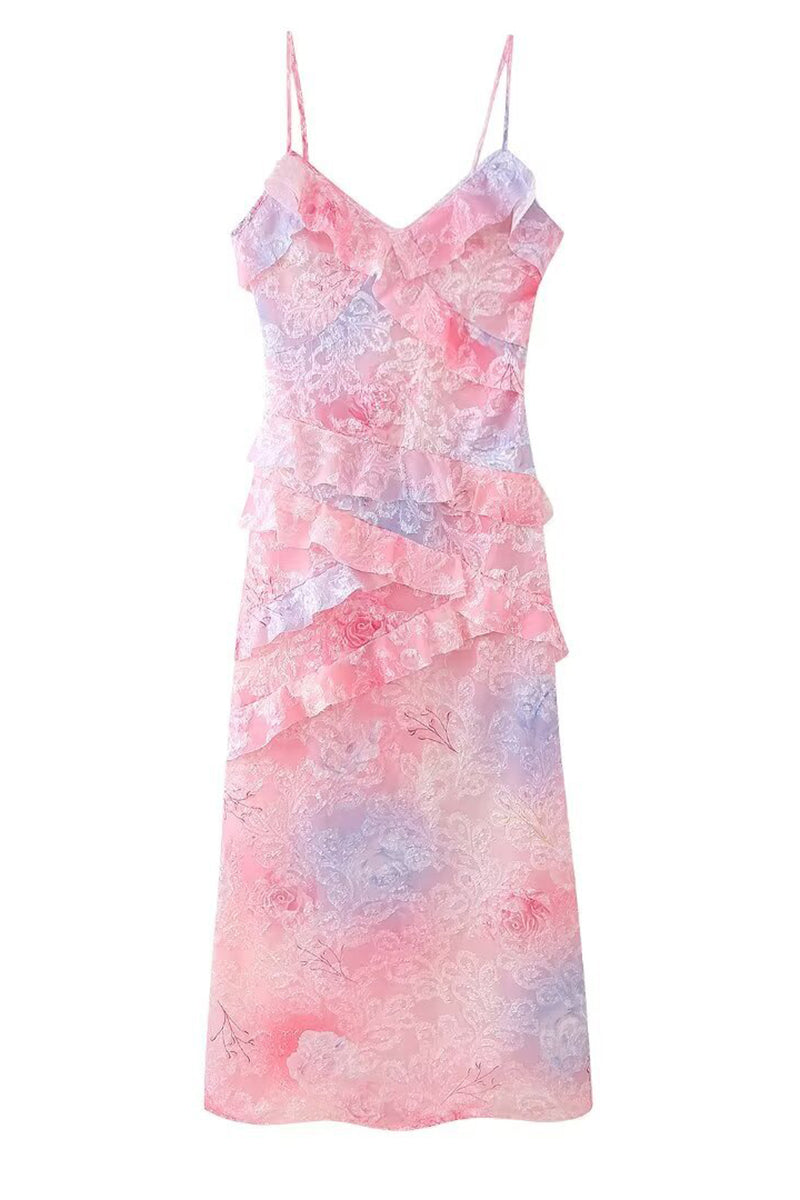 Celebrities Gradual Change Print Flounce V Neck One Step Skirt Dresses