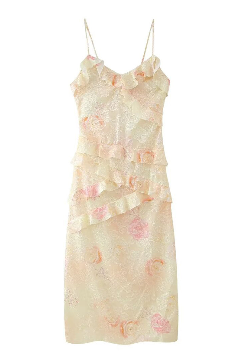 Celebrities Gradual Change Print Flounce V Neck One Step Skirt Dresses