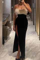 Solid Feathers Backless Contrast Strapless Irregular Dresses(Mainly Real Pictures)
