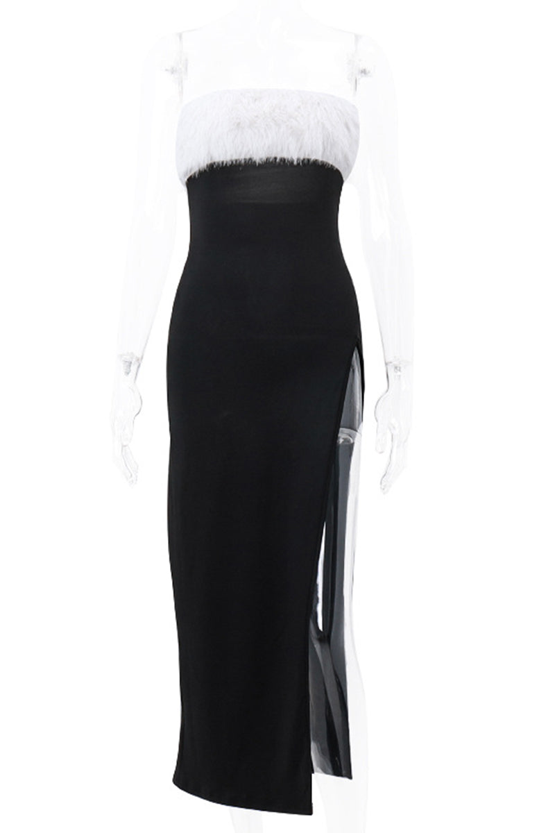 Solid Feathers Backless Contrast Strapless Irregular Dresses(Mainly Real Pictures)