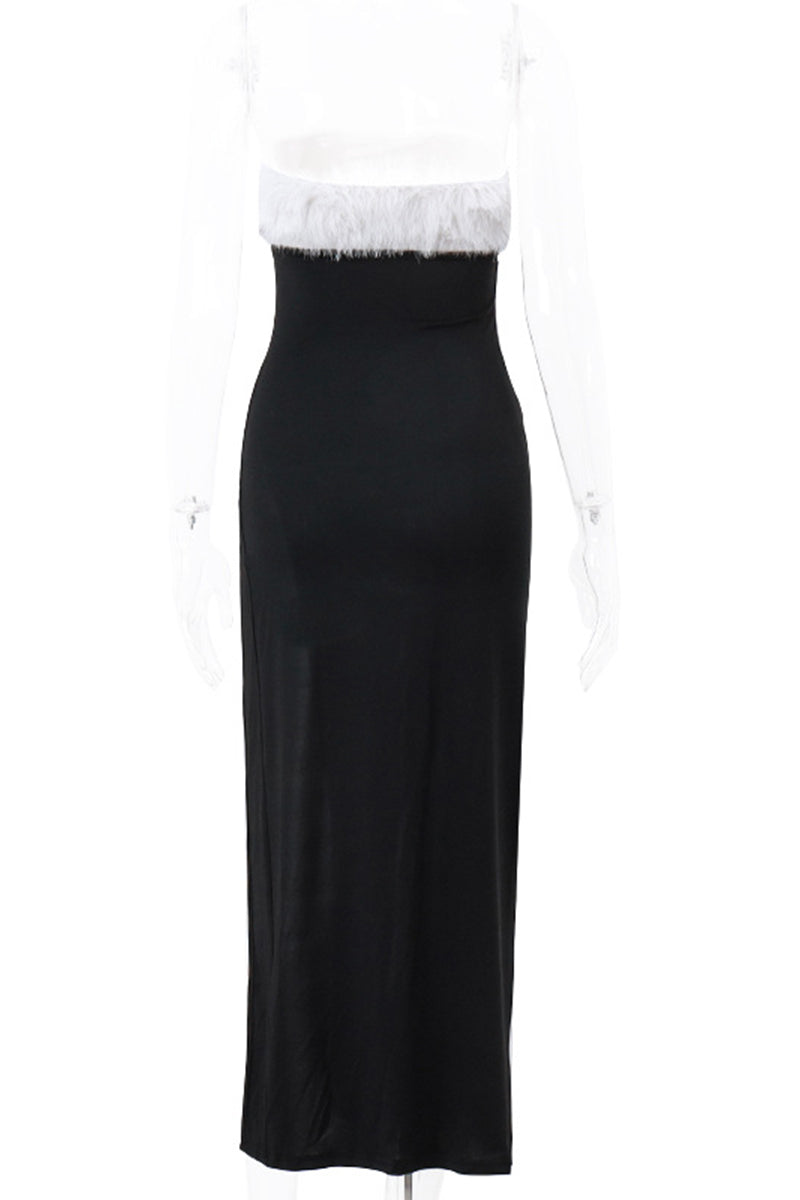 Solid Feathers Backless Contrast Strapless Irregular Dresses(Mainly Real Pictures)