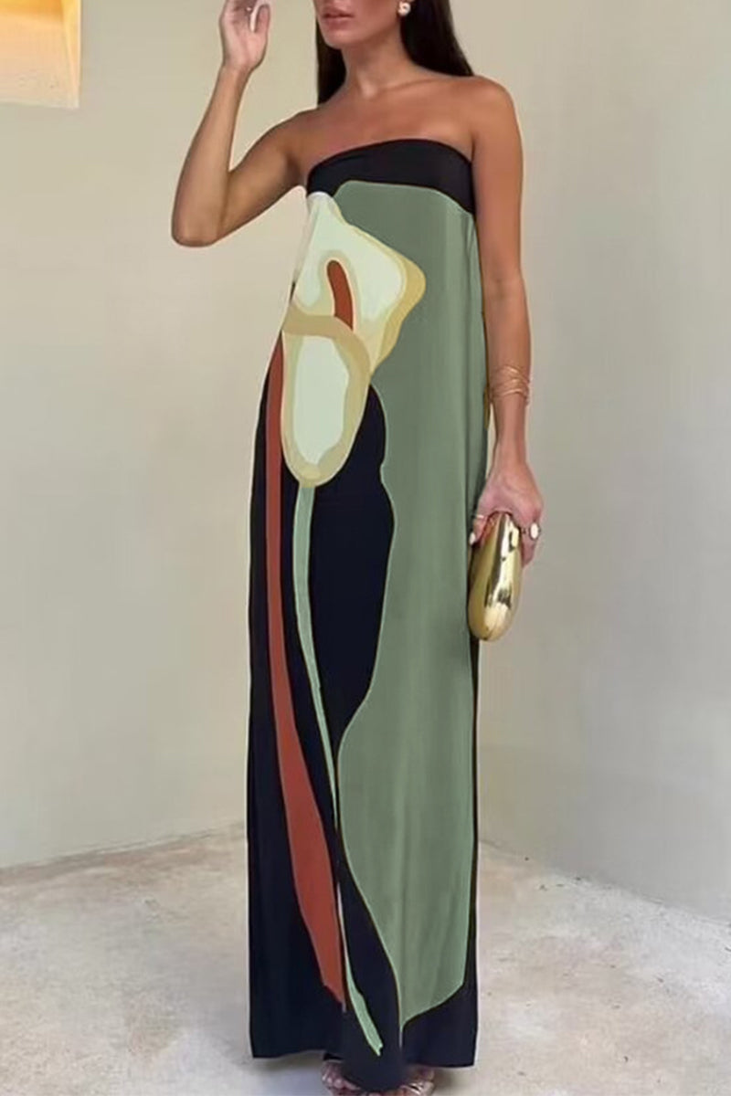 Vintage Print Flowers Slit Contrast Strapless One Step Skirt Dresses