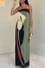 Vintage Print Flowers Slit Contrast Strapless One Step Skirt Dresses