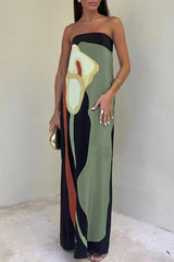Vintage Print Flowers Slit Contrast Strapless One Step Skirt Dresses