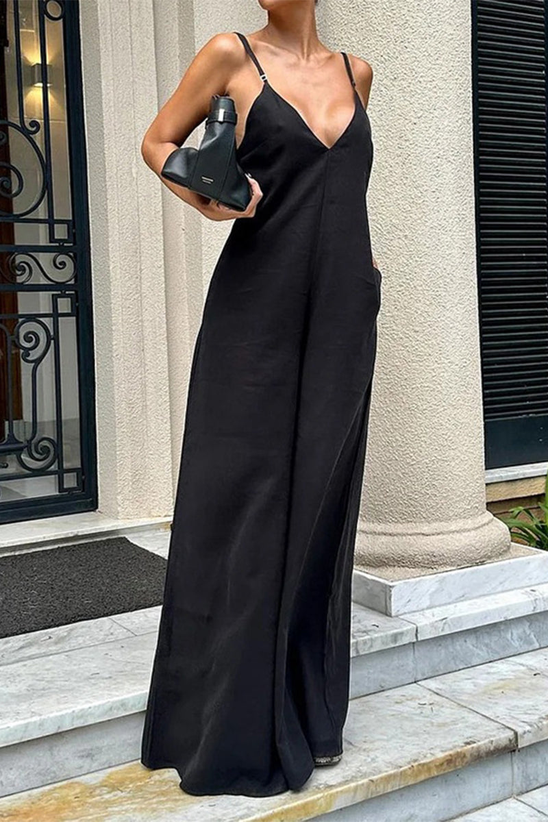 Simplicity Solid Pocket V Neck Loose Jumpsuits