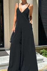 Simplicity Solid Pocket V Neck Loose Jumpsuits