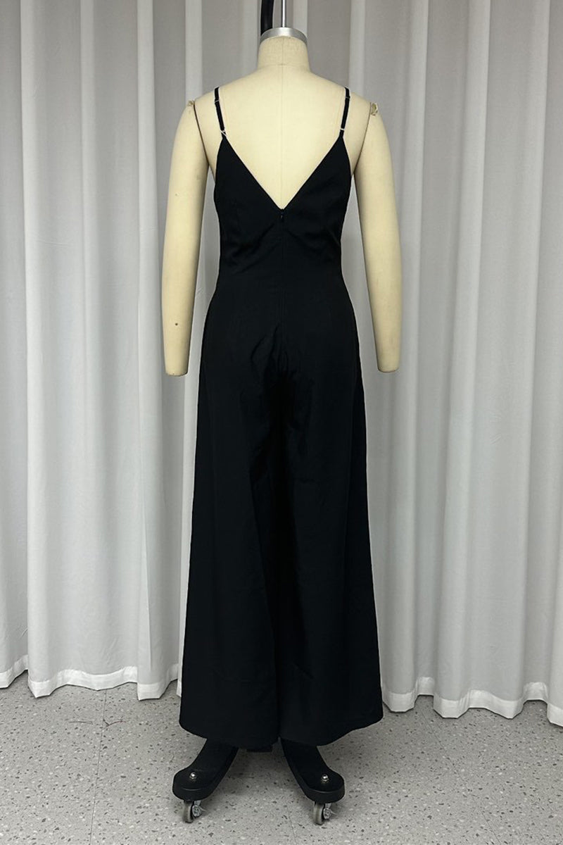 Simplicity Solid Pocket V Neck Loose Jumpsuits