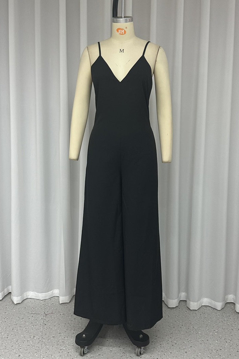 Simplicity Solid Pocket V Neck Loose Jumpsuits