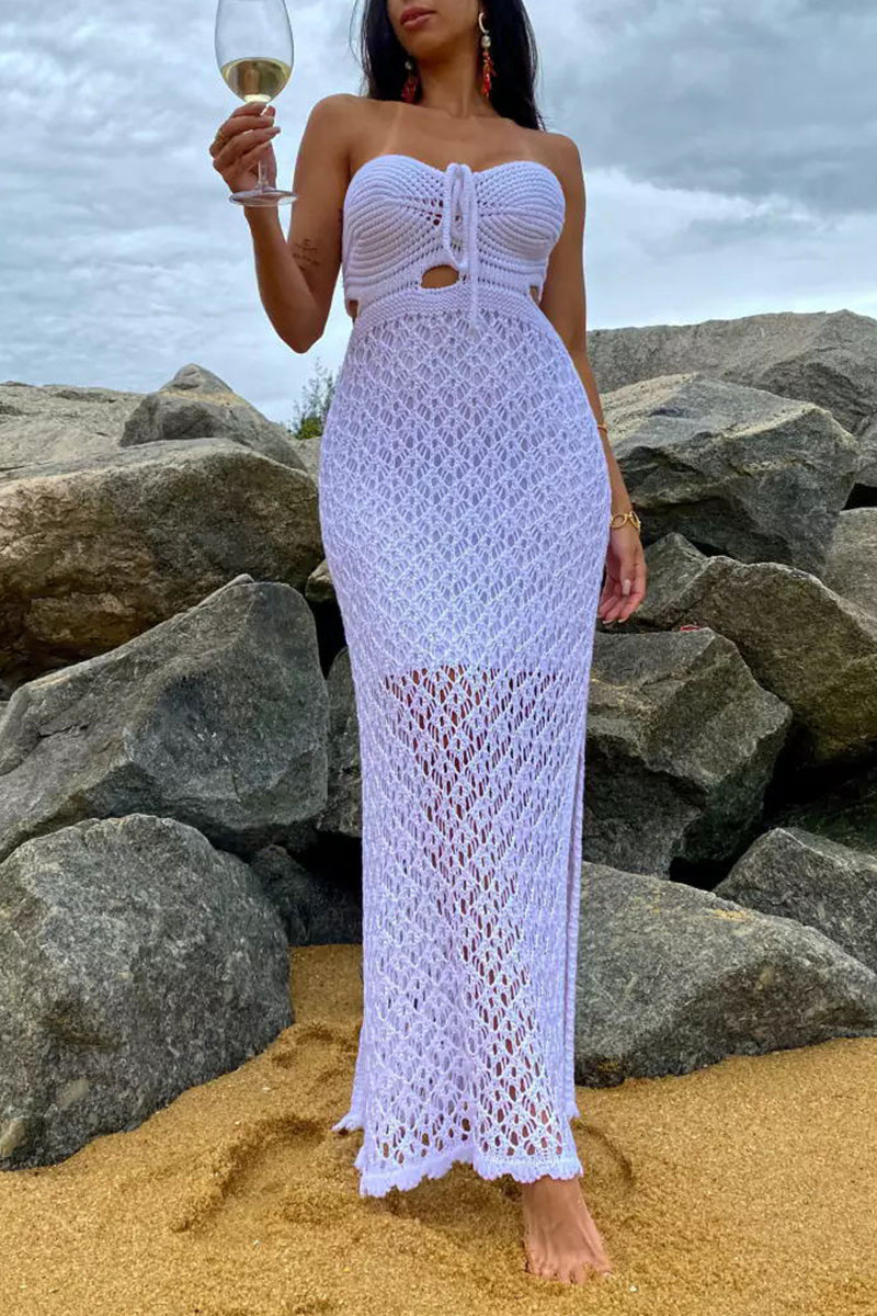 Vacation Solid Hollowed Out Slit Swimwears Cover Up
