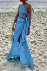 Solid Hollowed Out Slit Oblique Collar Irregular Dresses