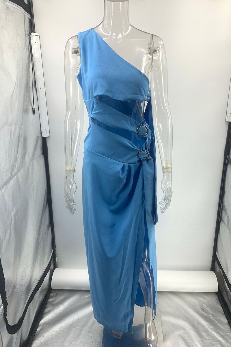 Solid Hollowed Out Slit Oblique Collar Irregular Dresses