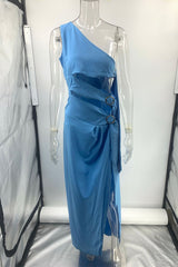 Solid Hollowed Out Slit Oblique Collar Irregular Dresses