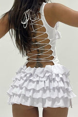 Solid Backless Flounce Strap Design O Neck Cake Skirt Dresses