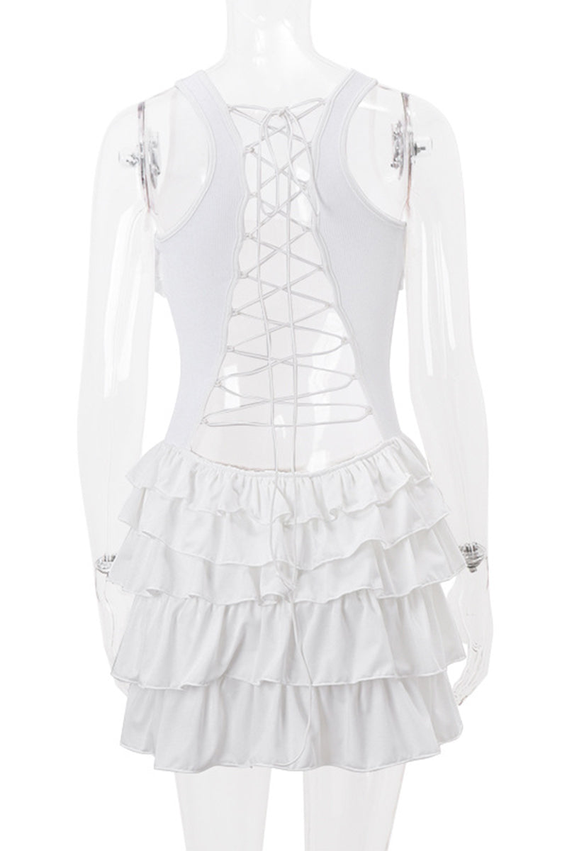 Solid Backless Flounce Strap Design O Neck Cake Skirt Dresses