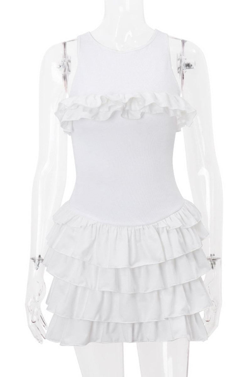 Solid Backless Flounce Strap Design O Neck Cake Skirt Dresses