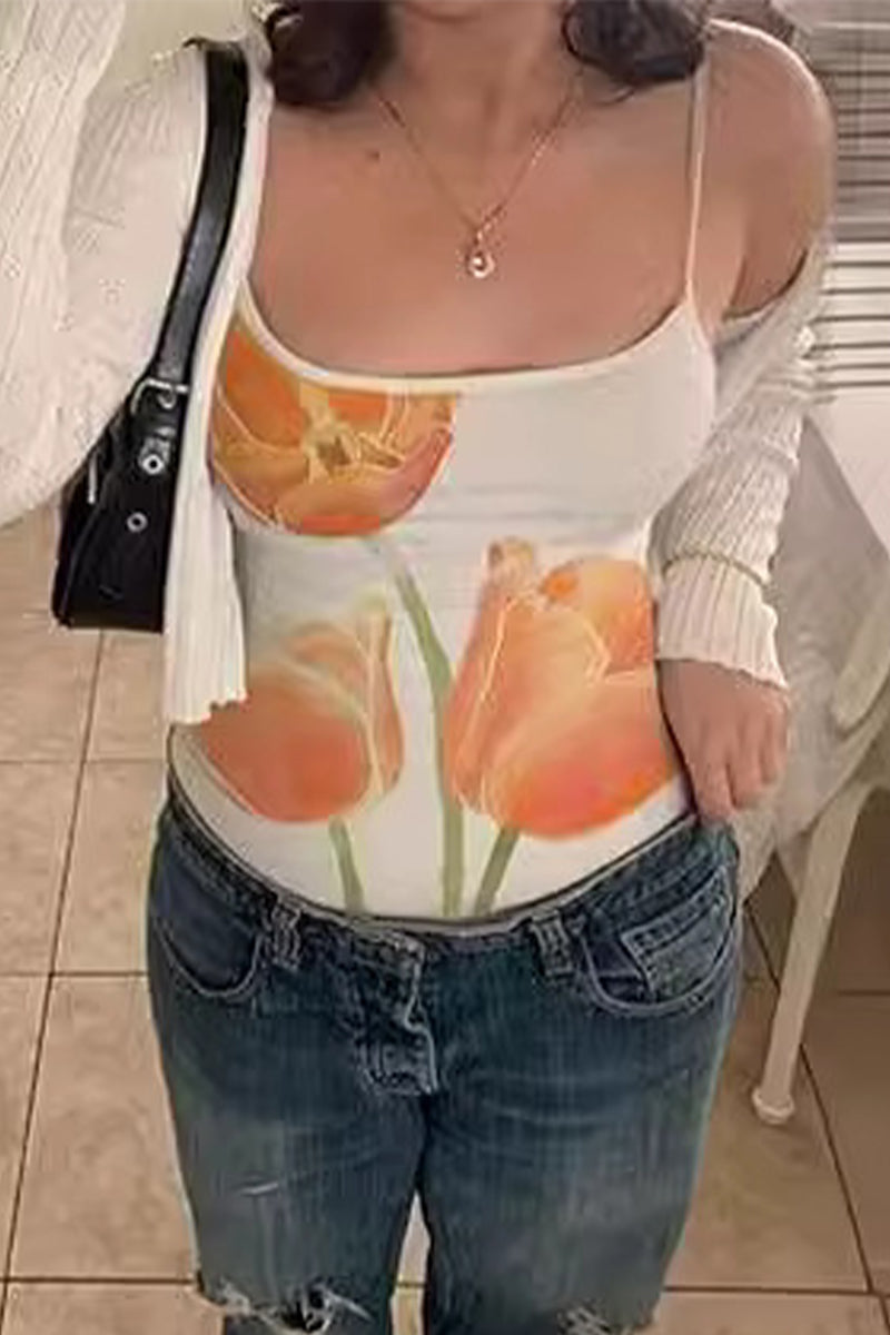 Floral Contrast U Neck Tops(5 Colors)