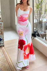 Casual Print Backless Spaghetti Strap Long Dresses