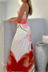 Casual Print Backless Spaghetti Strap Long Dresses