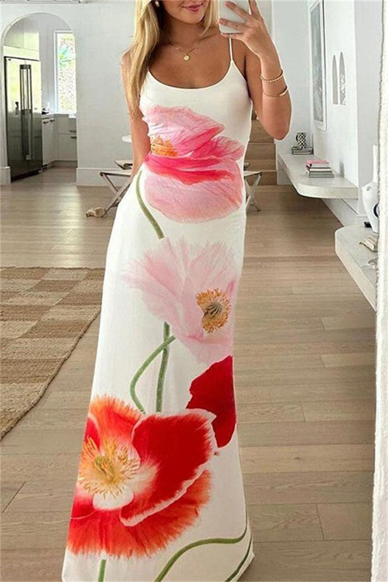 Casual Print Backless Spaghetti Strap Long Dresses