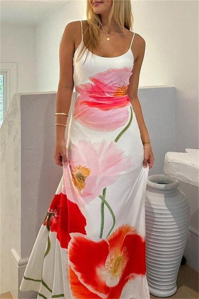 Casual Print Backless Spaghetti Strap Long Dresses