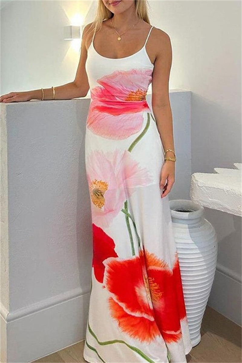 Casual Print Backless Spaghetti Strap Long Dresses