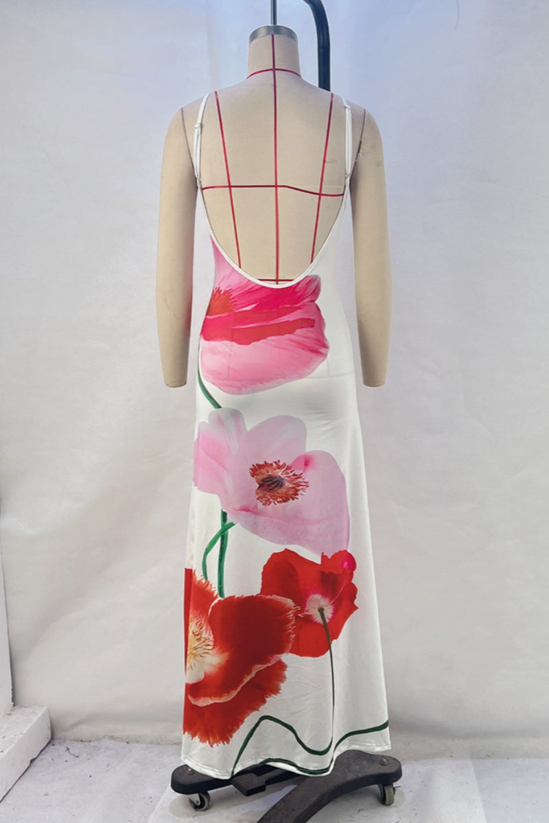 Casual Print Backless Spaghetti Strap Long Dresses